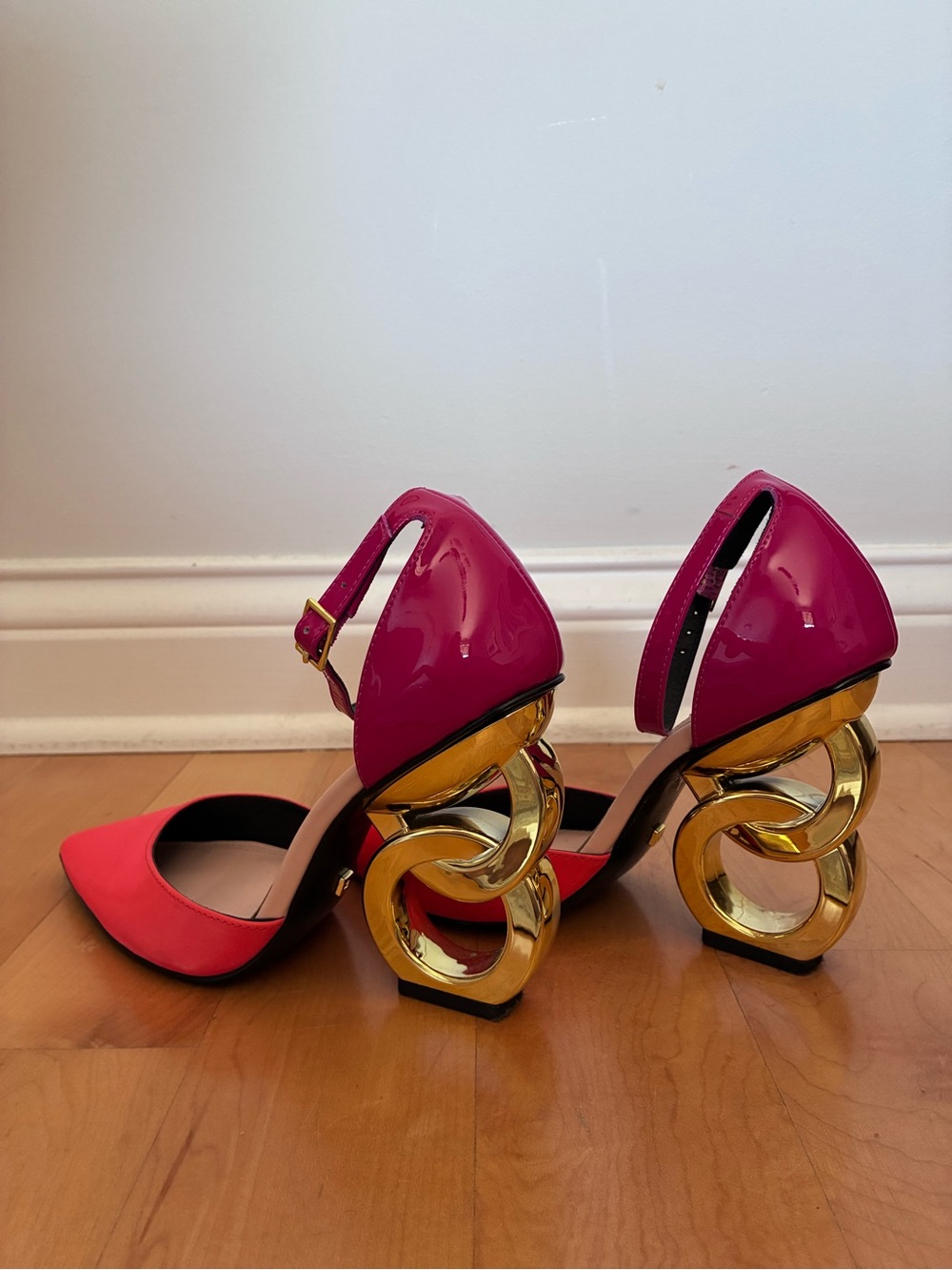 Kat Maconie Two-Tone Pink & Coral Pointed-Toe Heels with Gold Sculpted Heel